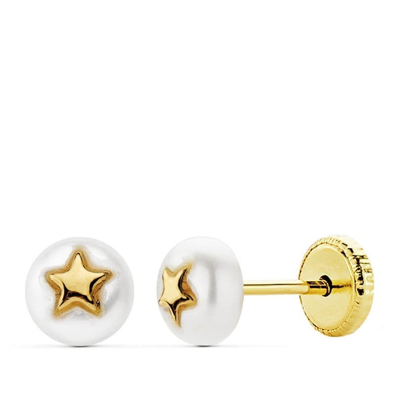 Pendientes Oro Amarillo Perla 5Mm Y Estrella Cierre Tuerca oro 18k