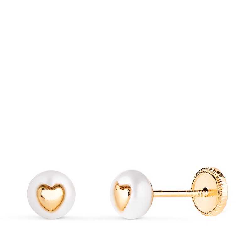 Pendientes Oro Amarillo Perla Con Interior De Corazon. Medida: 5 Mm. Cierre Tuerca oro 18k