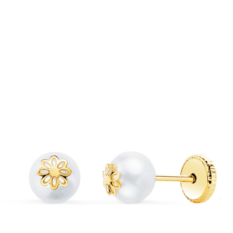 Pendientes Oro Amarillo Perlas Con Motivo Margarita. Ancho: 5 Mm. Cierre Tuerca oro 18k
