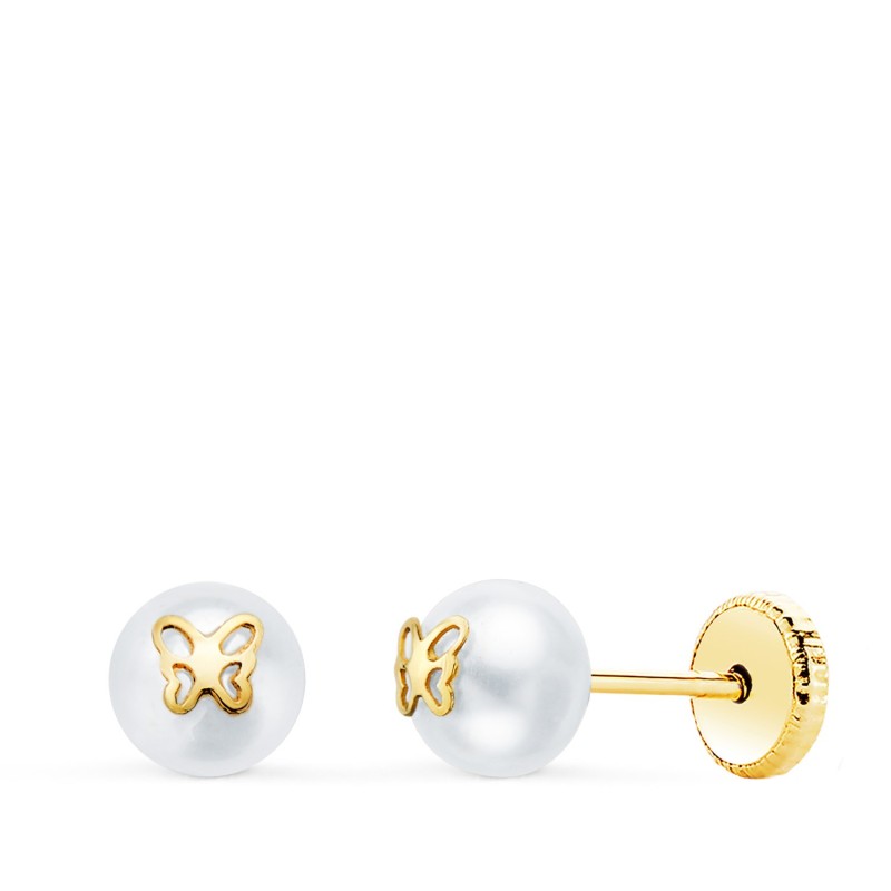 Pendientes Oro Amarillo Perlas Con Motivo Mariposa. Ancho: 5 Mm. Cierre Tuerca oro 18k