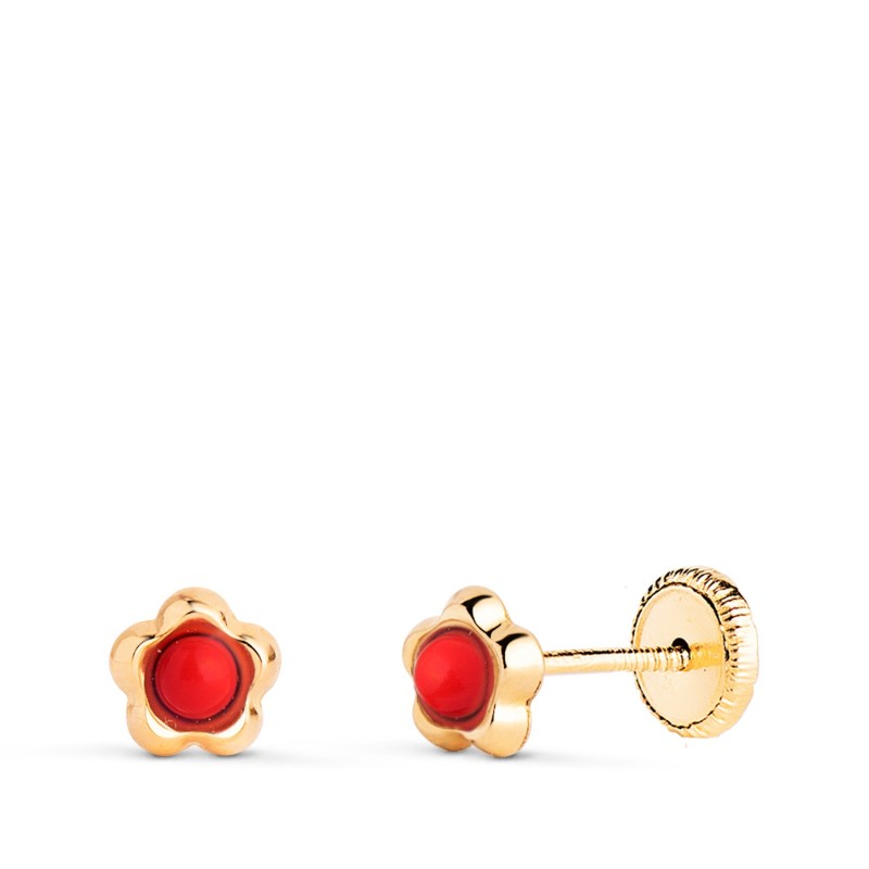 Pendientes Oro Amarillo Flor Con Coral De 2,4Mm. Medida: 5,3 X 5Mm. Cierre Tuerca oro 18k