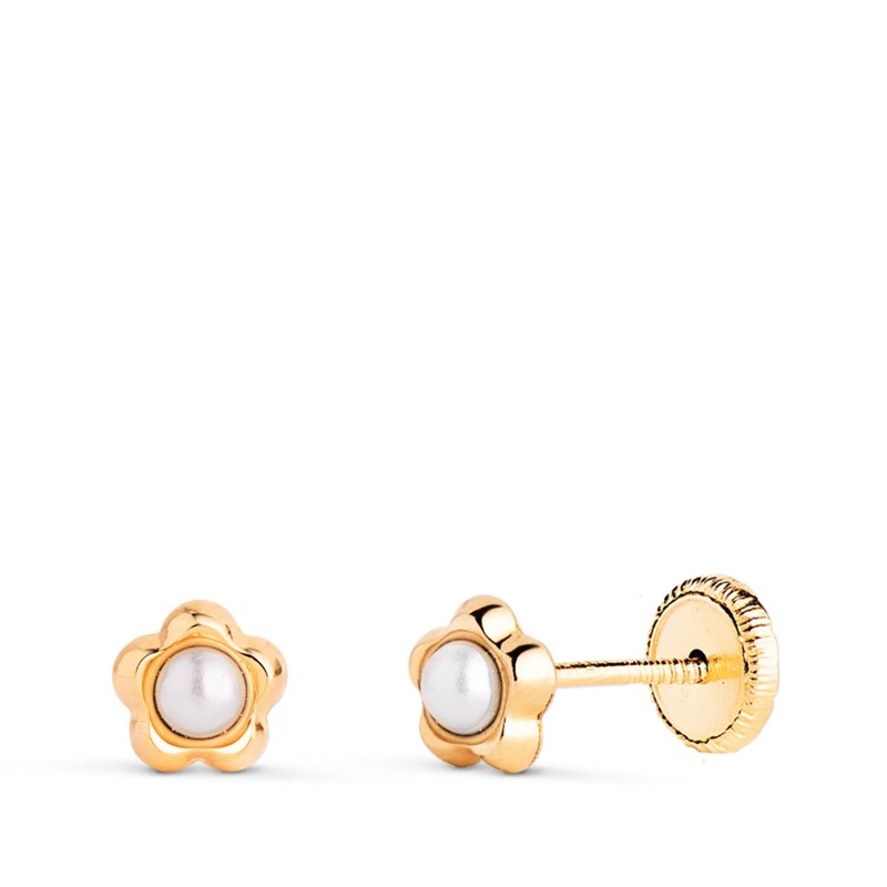 Pendientes Oro Amarillo Flor Con Perlas De 2,4Mm. Medida: 5,3 X 5Mm. Cierre Tuerca oro 18k