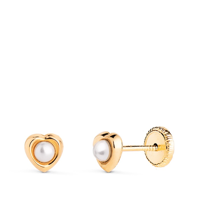 Pendientes Oro Amarillo Corazon Con Perlas De 2,4Mm. Medida: 5 X 5Mm. Cierre Tuerca oro 18k