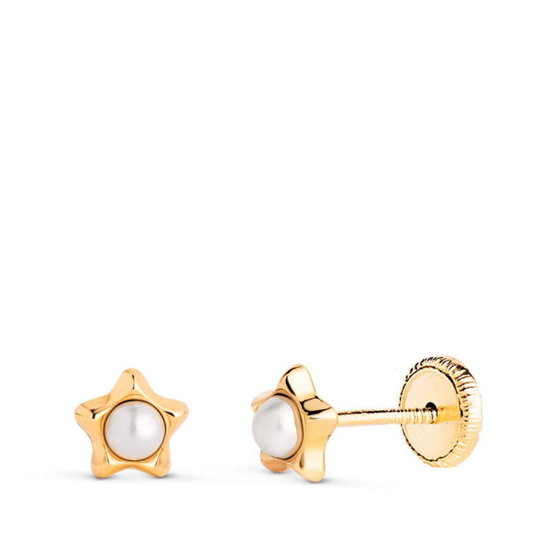 Pendientes Oro Amarillo Estrella Con Perlas De 2,4Mm. Medida: 5 X 5Mm. Cierre Tuerca oro 18k
