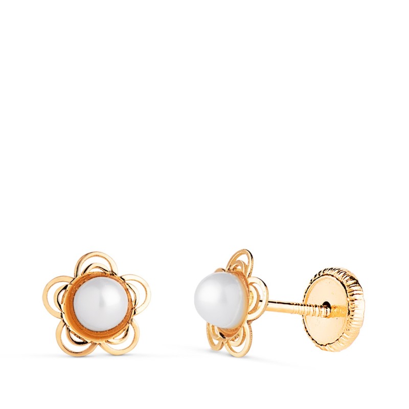 Pendientes Oro Amarillo Flor Calada Con Perla 3Mm. Medida: 6 Mm.Cierre Tuerca oro 18k