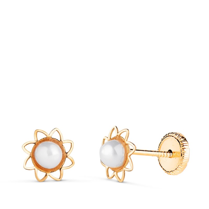 Pendientes Oro Amarillo Flor Calada Con Perla 3Mm. Medida: 6 Mm. Cierre Tuerca oro 18k
