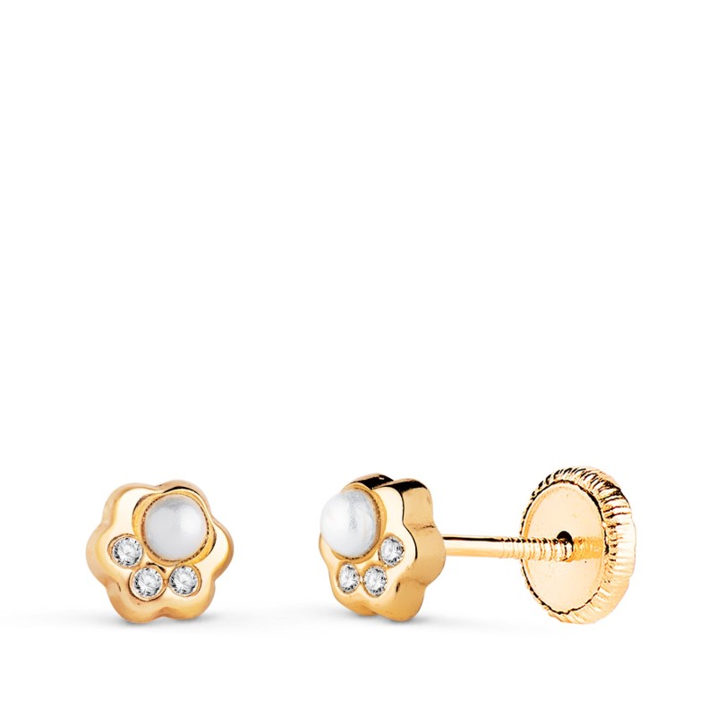 Pendientes Oro Amarillo Flor Con Perla Y Circonitas. Medida: 5X4,5 Mm. Cierre Tuerca oro 18k