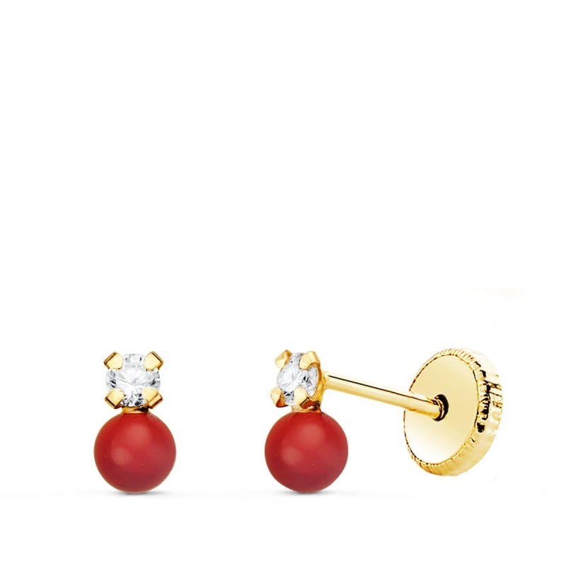 Pendientes Oro Amarillo Tu Y Yo Circonita Y Coral 5X3 Mm Cierre Tuerca oro 18k