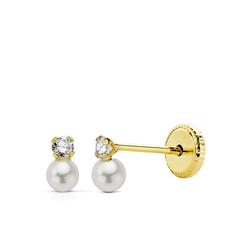 Pendientes Oro Amarillo Perlas Con Circonita 5X3 Mm. Cierre Tuerca oro 18k