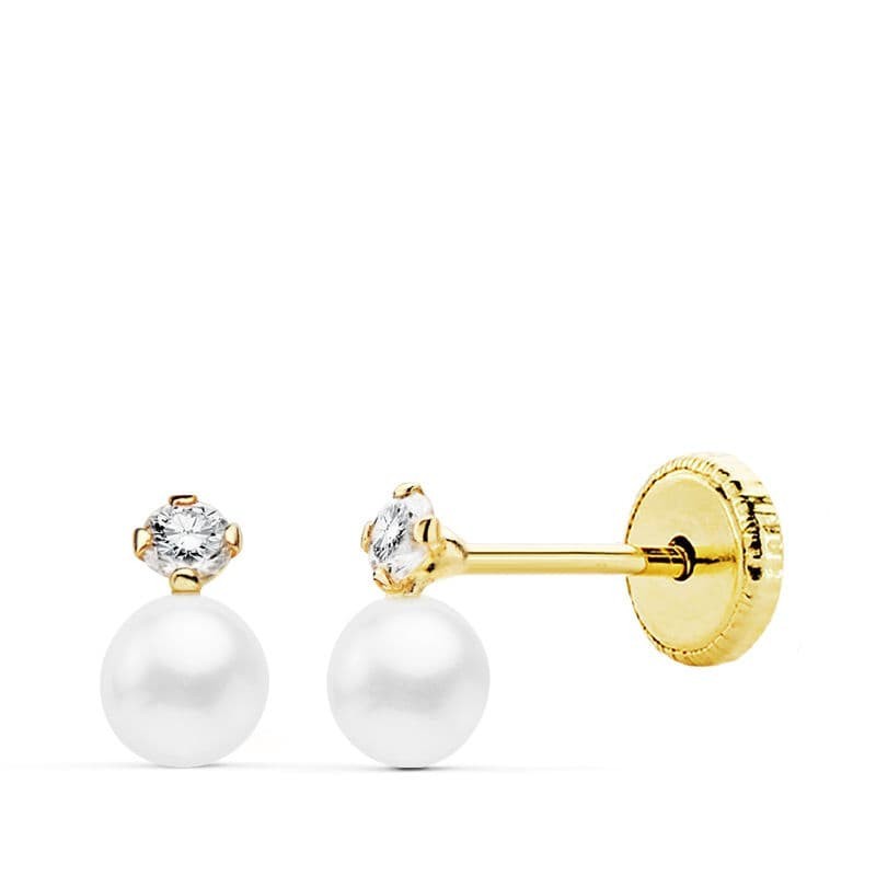 Pendientes Oro Amarillo Perlas Y Circonita En Garras 6 X 3.5 Mm. Cierre Tuerca oro 18k