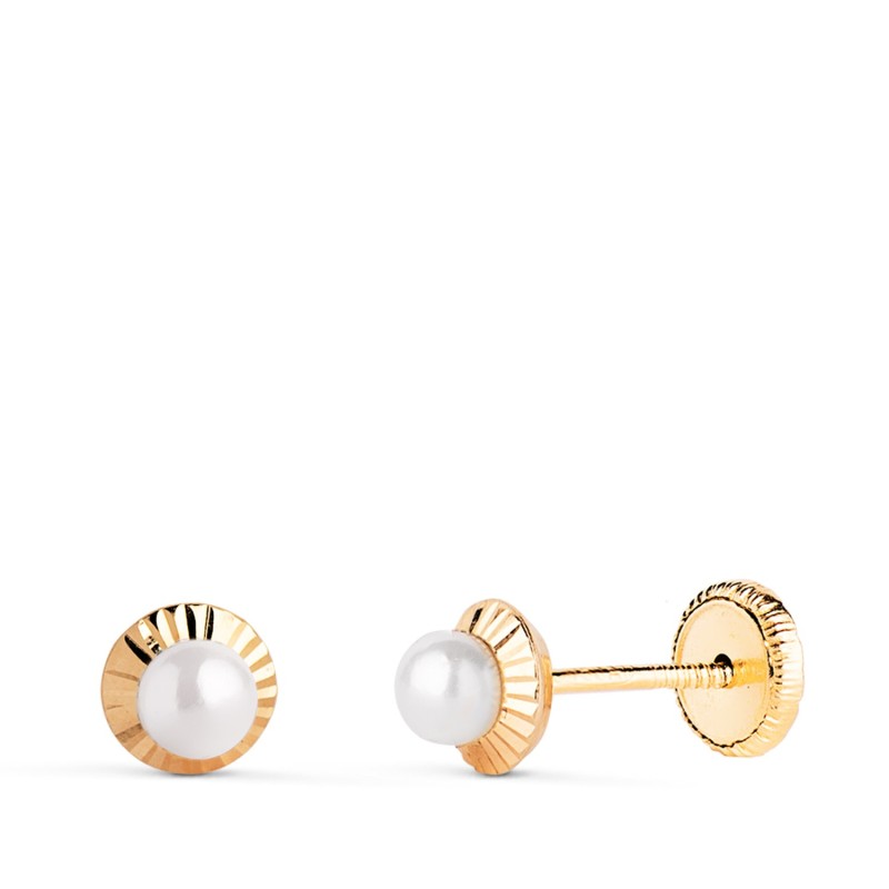 Pendientes Oro Amarillo Perla Orla Tallada 5 Mm Cierre Tuerca oro 18k