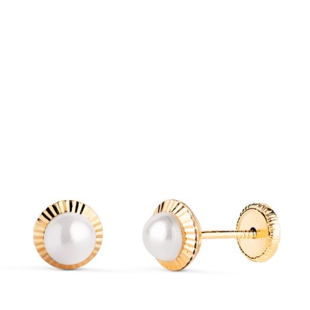 Pendientes Oro Amarillo Perla Orla Tallada 6 Mm Cierre Tuerca oro 18k