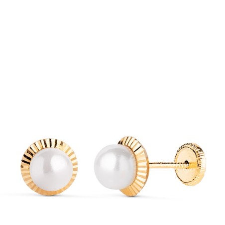 Pendientes Oro Amarillo Perla Orla Tallada 7 Mm. Cierre Tuerca oro 18k