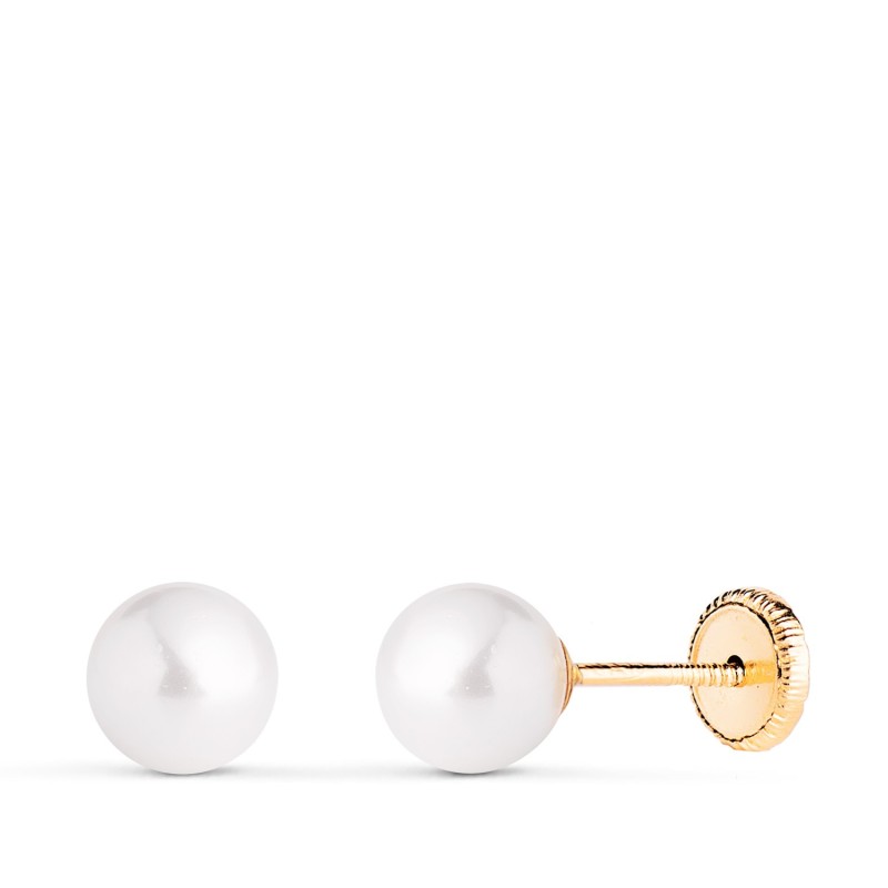 Pendientes Oro Amarillo Perla Con Casquilla. Medida: 6 Mm. Cierre Tuerca oro 18k