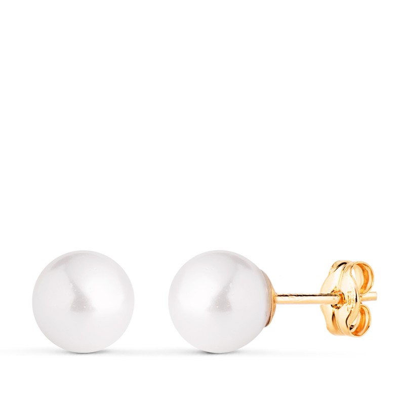 Pendientes Oro Amarillo Perla Con Casquilla. Medida: 7 Mm. Cierre Presion oro 18k