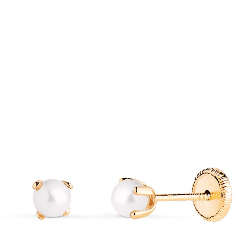Pendientes Oro Amarillo Perla Con 4 Garras. Medida: 3 Mm. Cierre Tuerca oro 18k