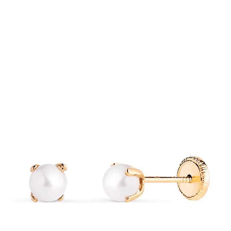 Pendientes Oro Amarillo Perla Con 4 Garras. Medida: 4 Mm. Cierre Tuerca oro 18k