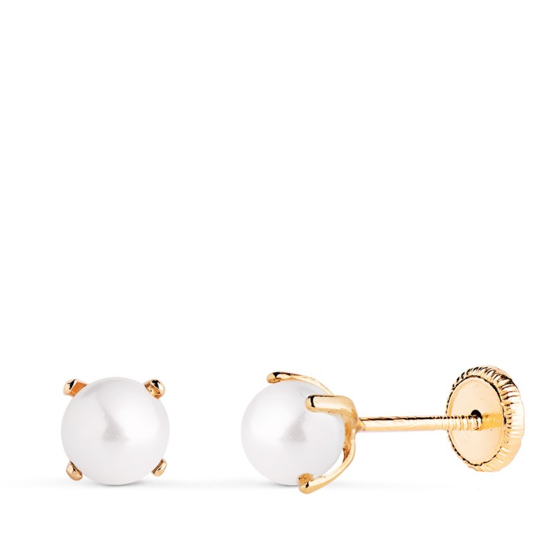 Pendientes Oro Amarillo Perla Con 4 Garras. Medida: 5 Mm. Cierre Tuerca oro 18k