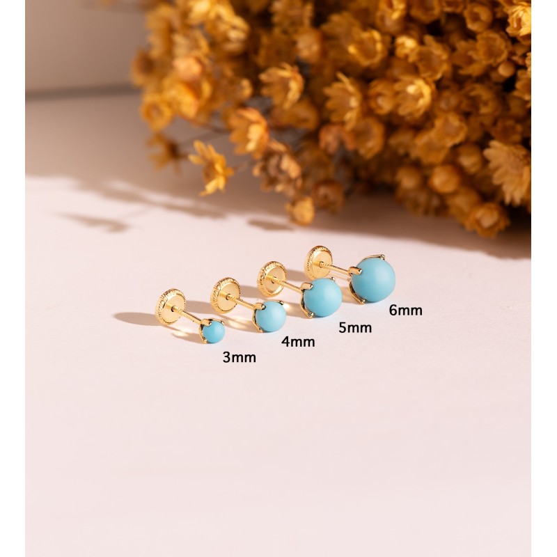 Pendientes Oro Amarillo Turquesa Con 4 Garras. Medida: 6 Mm. Cierre Tuerca oro 18k
