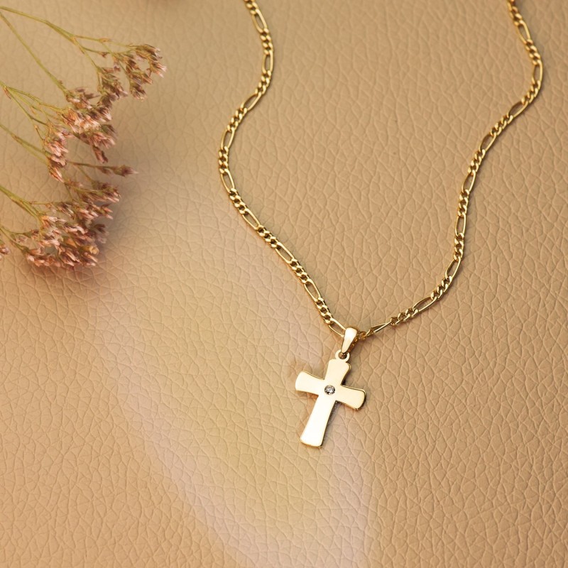 Cruz Oro Amarillo Lisa En Brillo Con Circonita 20 X 12 Mm oro 18k