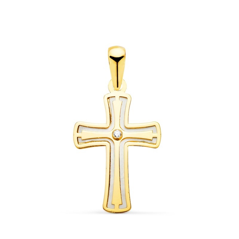 Cruz Oro Amarillo Con Nacar Y Circonita 20 X 12 Mm oro 18k