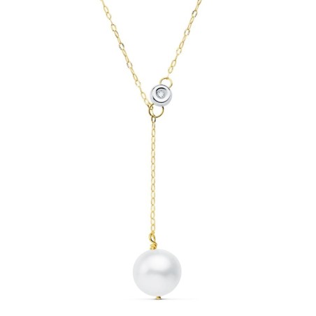 Collar Bicolor Perla 12 Mm Cadena 45Cm Chaton 5Mm. Diamante Laboratorio 0,020 Qts G-Vs2. Perla 11Mm oro 18k