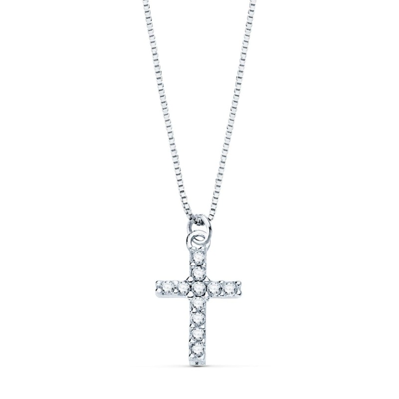 Collar Oro Blanco Cruz 8,5 X 6,5Mm 11 Diamantes Laboratorio 0,050 Qt.Cadena Veneciana 45Cm G-Vs2 oro 18k