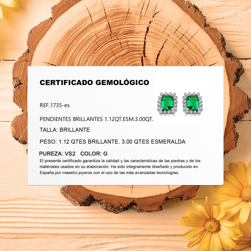 Pendientes Oro Blanco 32 Diamantes Laborat. Vs2-G 1,12 Qt. Y Esmeraldas Recristalizadas 8X6 Mm 3,00 Qt. 13X11 Mm oro 18k