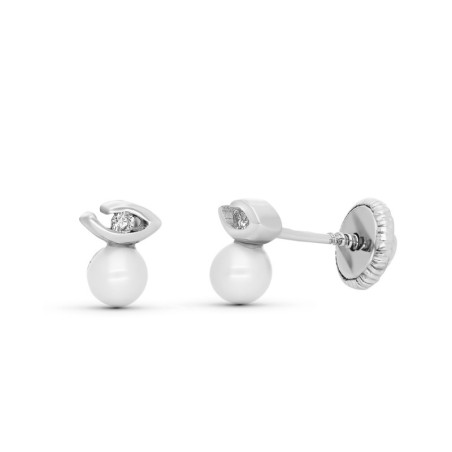 Pendientes Oro Blanco Diamantes Naturales Talla Brillante Y Perla 5X4 Mm Cierre Tuerca oro 18k