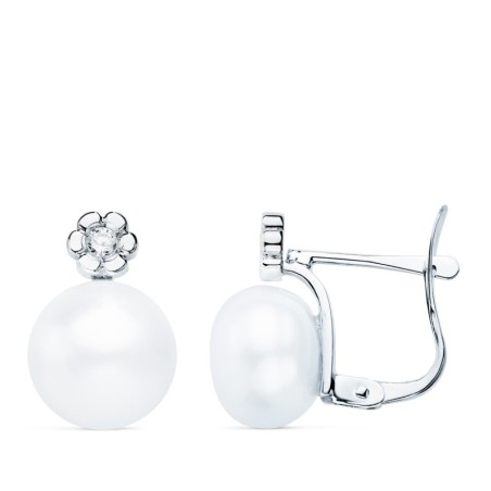 Pendientes Oro Blanco Diamantes Laboratorio 0,06 Qts G-Vs2. Perla 9 Mm. Medida: 13X9 Mm Cierre Catalan oro 18k
