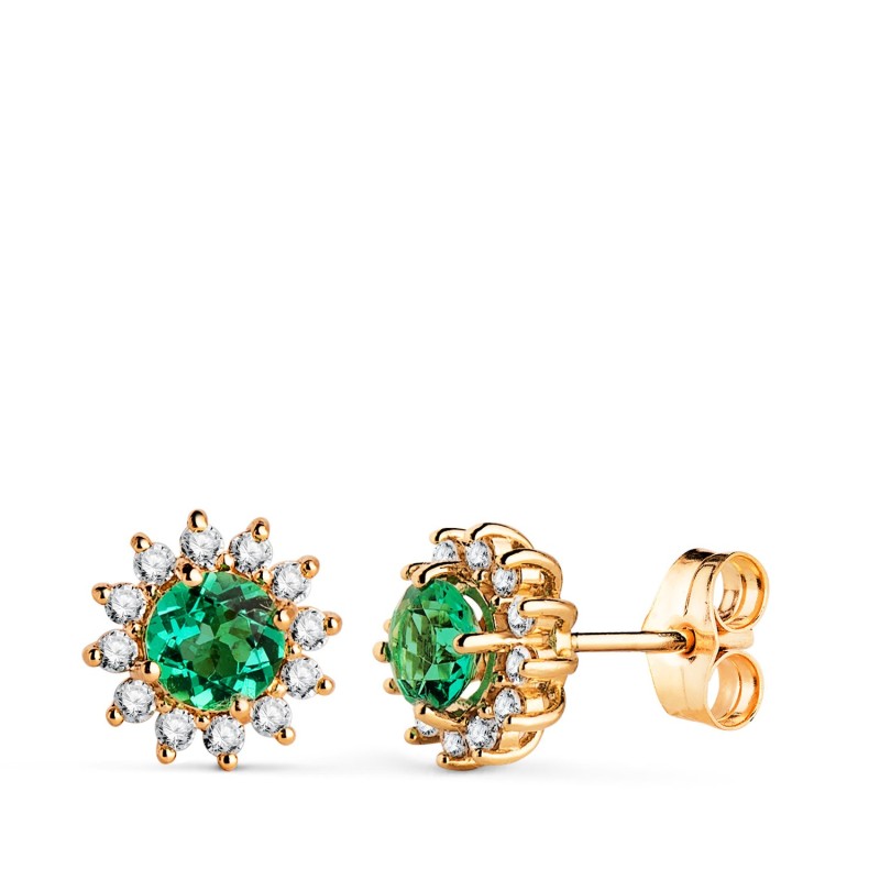 Pendientes Oro Amarillo 24 Diamantes De Laboratorio Y Esmeralda Recristalizada 5 Mm 0,96 Qt 0,340 Qts. Vs2-G. 9 Mm oro 18k