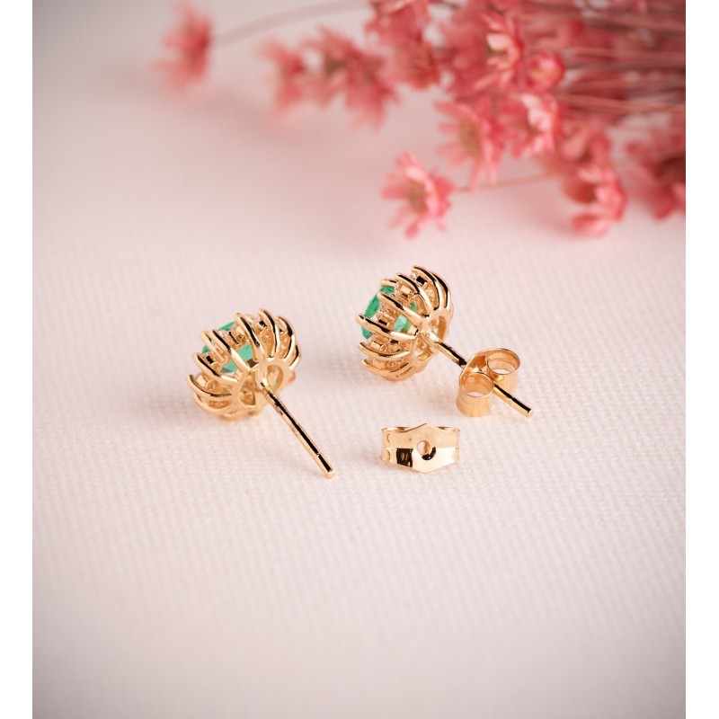 Pendientes Oro Amarillo 24 Diamantes De Laboratorio Y Esmeralda Recristalizada 5 Mm 0,96 Qt 0,340 Qts. Vs2-G. 9 Mm oro 18k