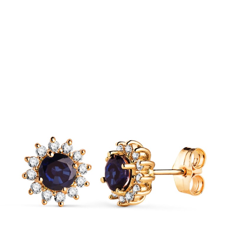 Pendientes Oro Amarillo 24 Diamantes De Laboratorio Y Zafiro Difusion 5 Mm 1,12 Qt. 0,340 Qts. Vs2-G. 9 Mm oro 18k