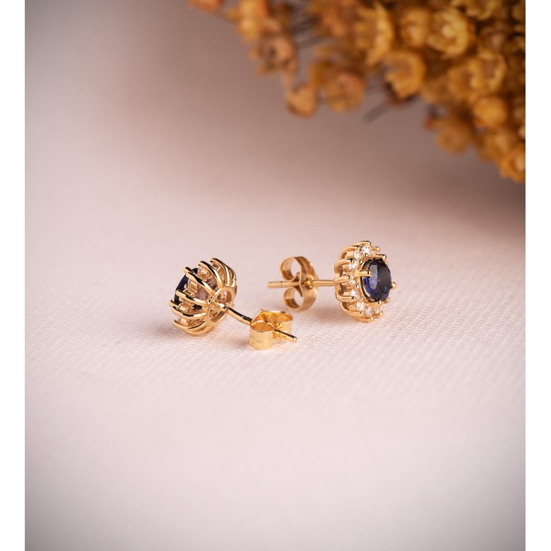 Pendientes Oro Amarillo 24 Diamantes De Laboratorio Y Zafiro Difusion 5 Mm 1,12 Qt. 0,340 Qts. Vs2-G. 9 Mm oro 18k