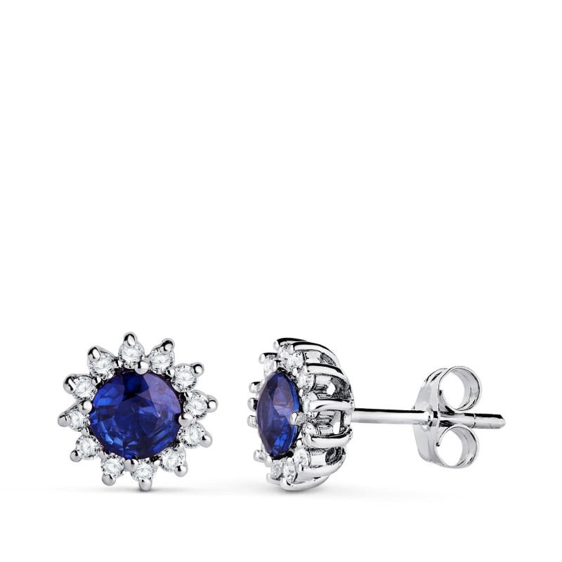 Pendientes Oro Blanco Zafiro Difusion 5 Mm 1,12 Qt. 24 Diamantes Laboratorio 0,340 Qts. Vs2-G. 9 Mm Cierre Presion oro 18k