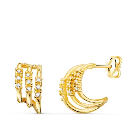 Pendientes Oro Amarillo Tres Bandas Con Diamantes Laboratorio 0,090 Qts Vs2-G. 11X6 Mm Cierre Presion oro 18k
