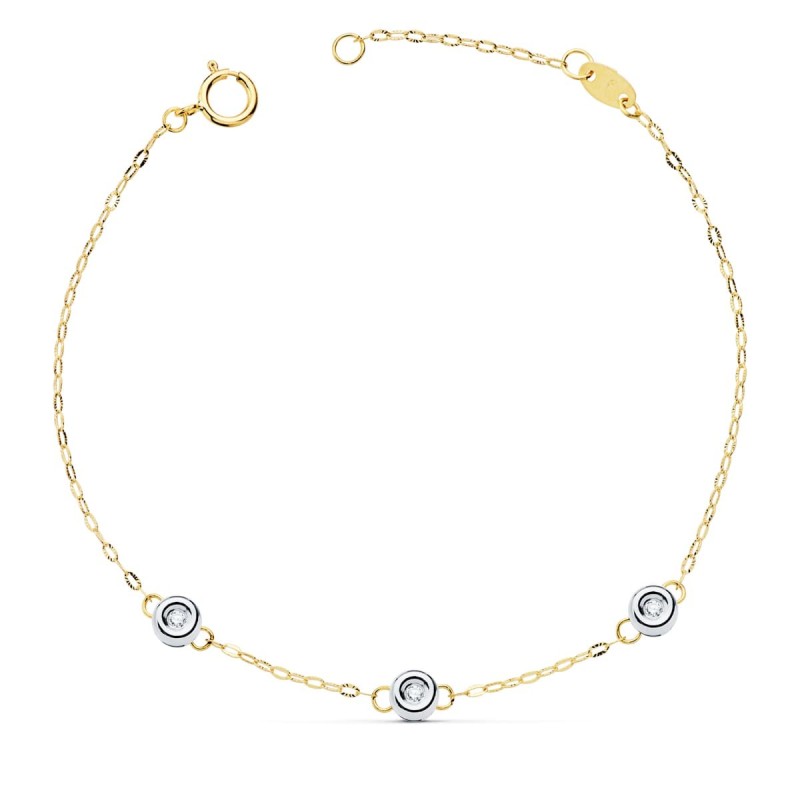 Pulsera Bicolor Cadena Forzada 3 Diamantes Laboratorio 0,045 Qts. G-Vs2. Largo: 19 Cm oro 18k