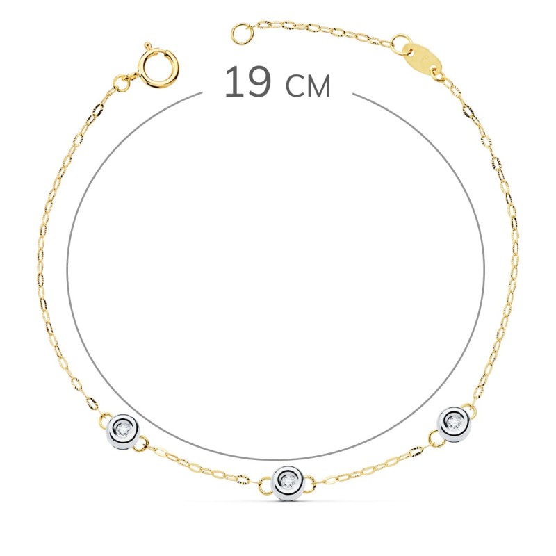 Pulsera Bicolor Cadena Forzada 3 Diamantes Laboratorio 0,045 Qts. G-Vs2. Largo: 19 Cm oro 18k