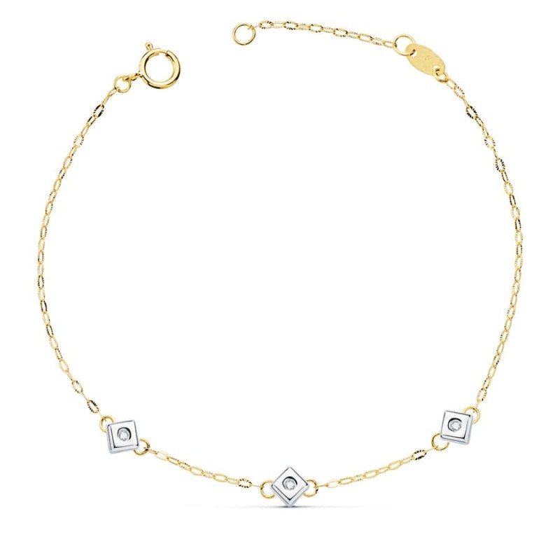 Pulsera Oro Bicolor Chaton De 3 Rombos Con Diamantes Laboratorio 0,045 Qts. Vs2-G. Largo: 17Cm oro 18k