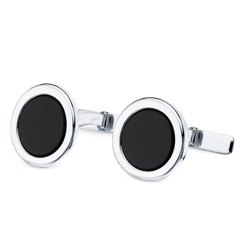 Gemelos Oro Blanco Redondos Con Onix 15 Mm Cierre Rigido Oscilante oro 18k
