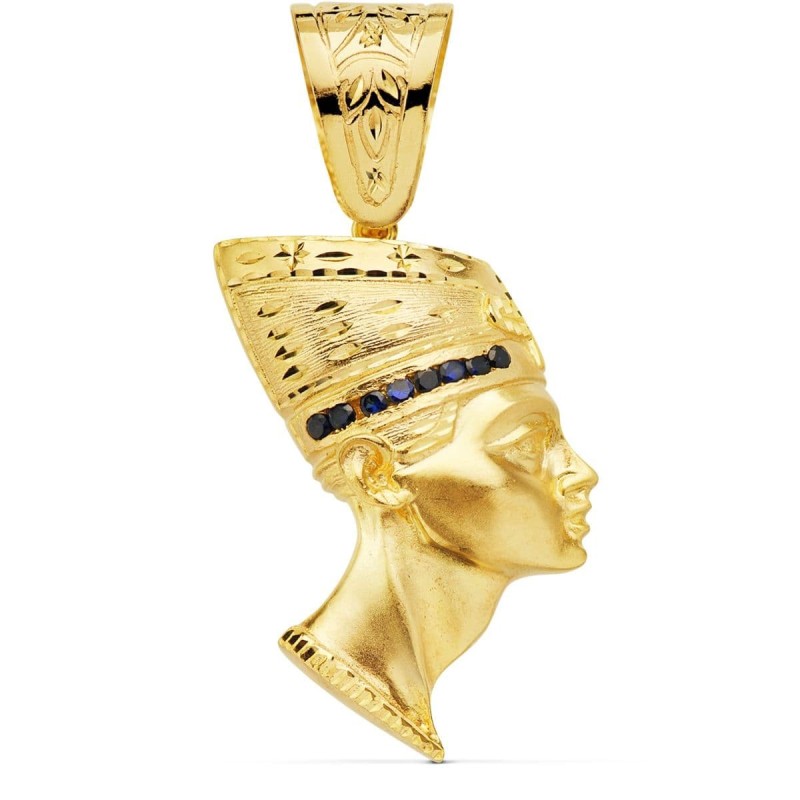 Colgante Esfinge Nefertiti Gigante Con Circonita Azules Oro Amarillo. 50 X 35 Mm oro 18k