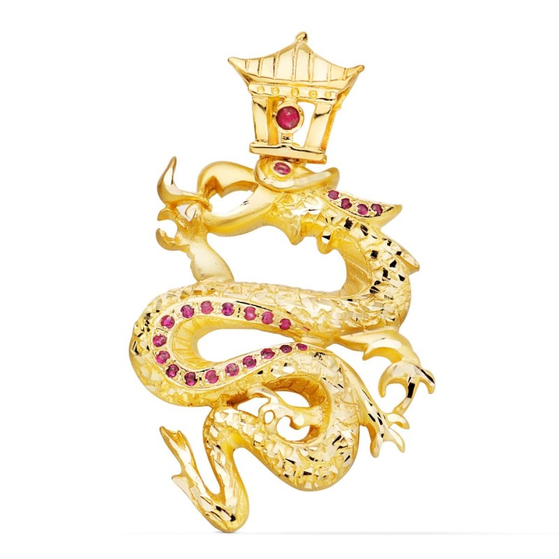 Colgante Oro Amarillo Dragon Con Circonita Rojas. 43X35 Mm oro 18k