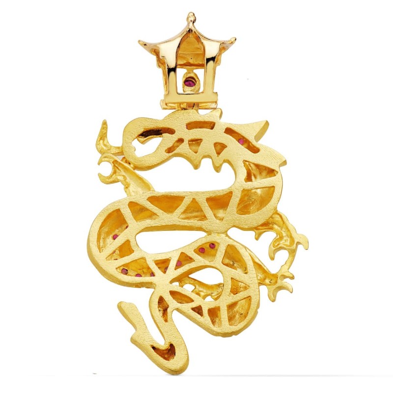 Colgante Oro Amarillo Dragon Con Circonita Rojas. 43X35 Mm oro 18k