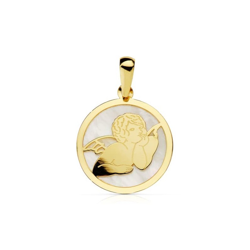 Colgante Oro Amarillo Redondo Nacar Angel 17 Mm oro 18k