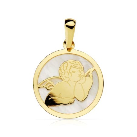 Colgante Oro Amarillo Redondo Nacar Angel 17 Mm oro 18k
