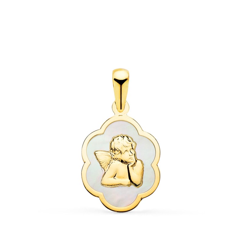 Colgante Oro Amarillo Nube Con Angel Burlon Y Nacar Blanco 15 X 12 Mm oro 18k