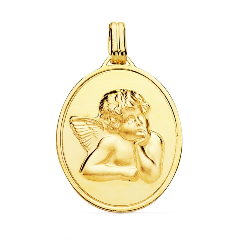 Colgante Medalla Oro Amarillo Acabado En Brillo Y Angel Burlon En Matizado 24X18 Mm oro 18k