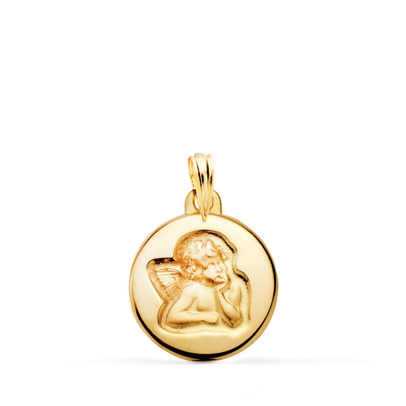 Medalla Oro Amarillo Redonda Angelito Burlon Brillo Y Mate 16 Mm oro 18k