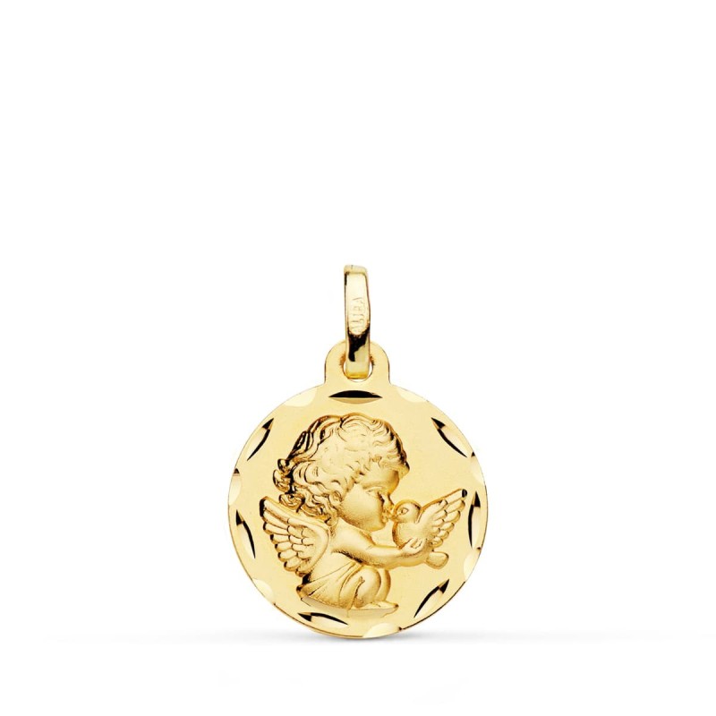 Medalla Oro Amarillo Angelito Burlon Con Paloma Tallada 16 Mm oro 18k