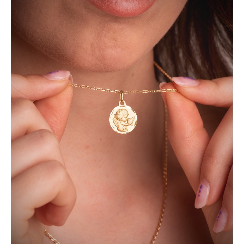 Medalla Oro Amarillo Angelito Burlon Con Paloma Tallada 16 Mm oro 18k